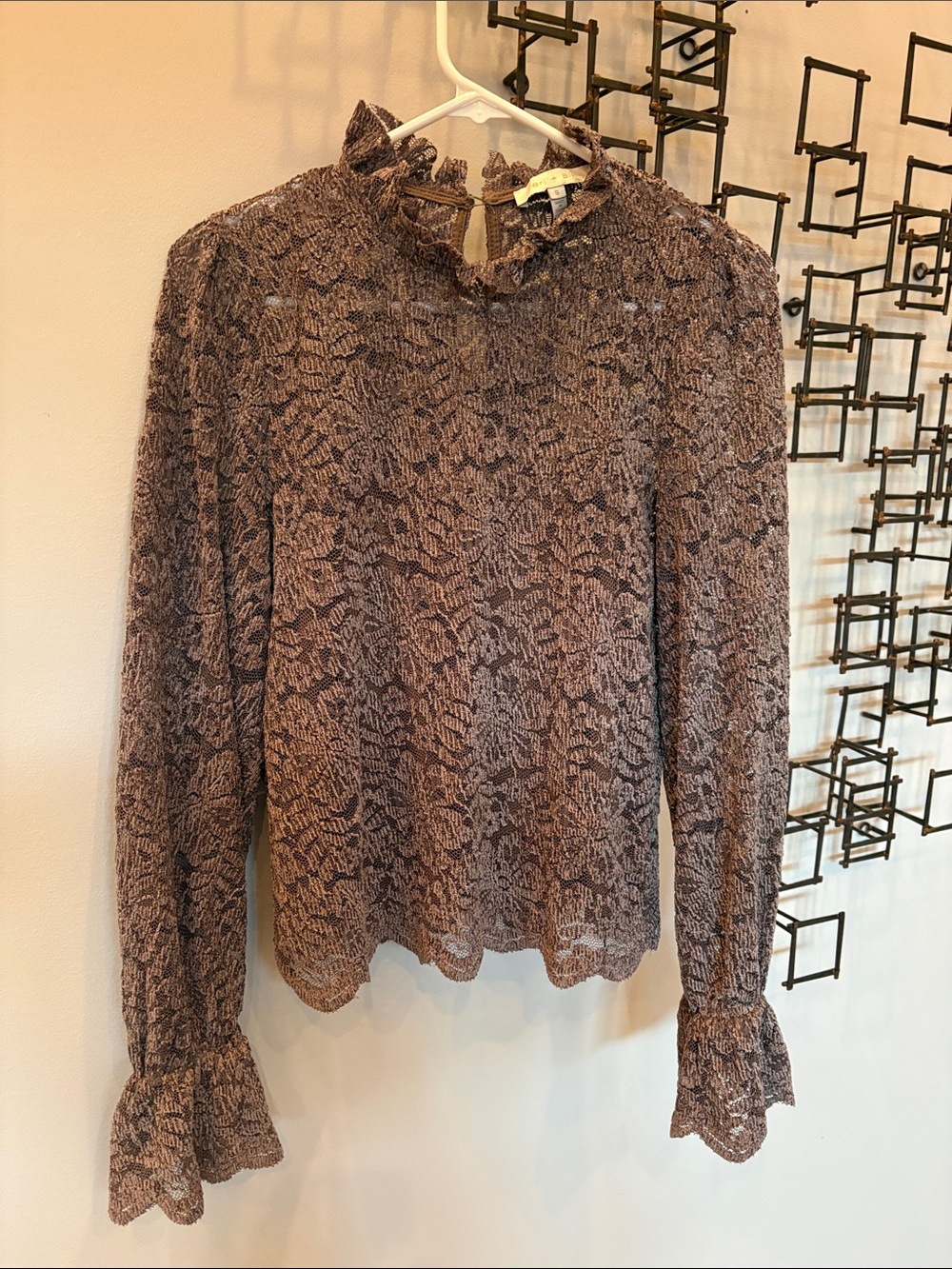 Delicate Lace Ruffled Neck Blouse in Mauve